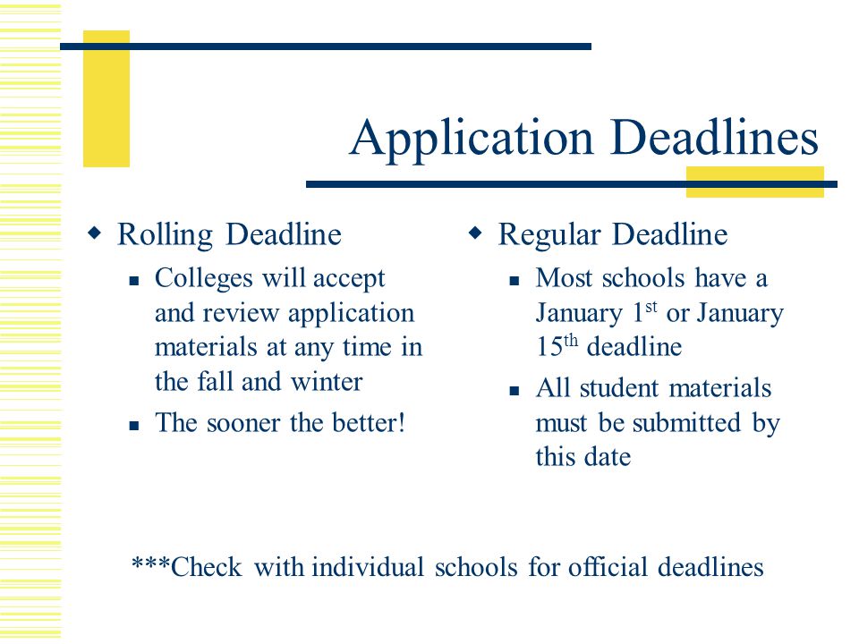 Rolling Deadline Colleges will accept and review application materials at any time in the fall and winter The sooner the better.