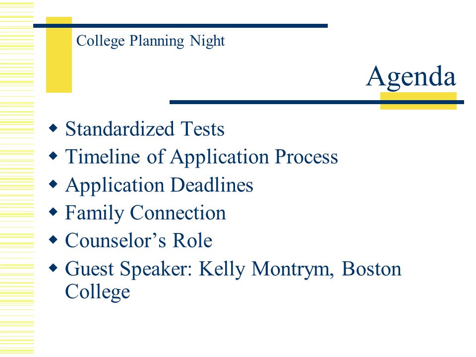 Agenda  Standardized Tests  Timeline of Application Process  Application Deadlines  Family Connection  Counselor’s Role  Guest Speaker: Kelly Montrym, Boston College College Planning Night