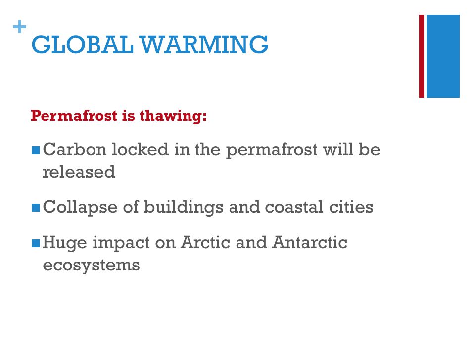 + GLOBAL WARMING Permafrost is thawing: Carbon locked in the permafrost will be released Collapse of buildings and coastal cities Huge impact on Arctic and Antarctic ecosystems
