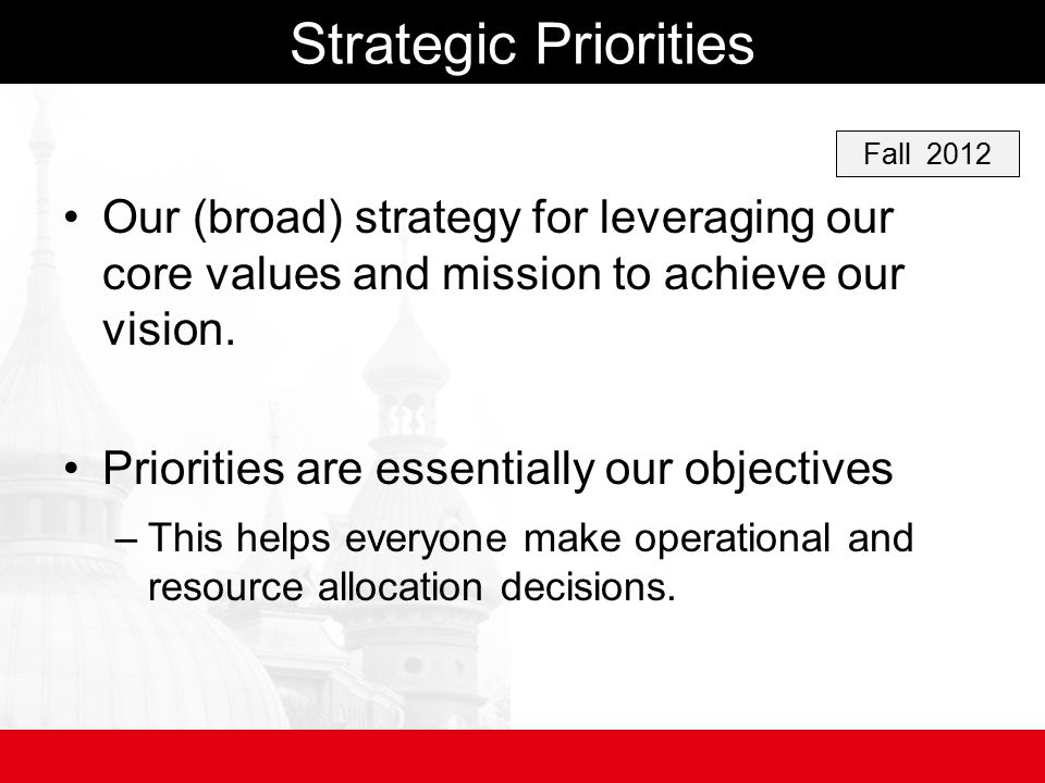 Strategic Priorities Our (broad) strategy for leveraging our core values and mission to achieve our vision.