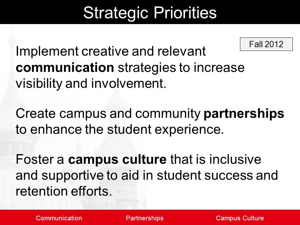 Strategic Priorities Communication PartnershipsCampus Culture Implement creative and relevant communication strategies to increase visibility and involvement.