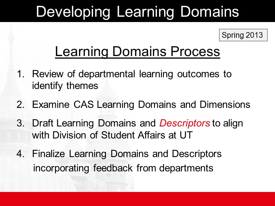 Developing Learning Domains Learning Domains Process 1.Review of departmental learning outcomes to identify themes 2.Examine CAS Learning Domains and Dimensions 3.Draft Learning Domains and Descriptors to align with Division of Student Affairs at UT 4.Finalize Learning Domains and Descriptors incorporating feedback from departments Spring 2013