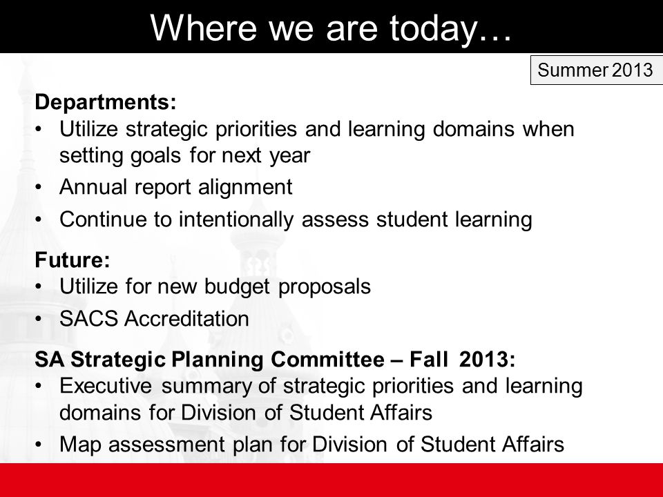 Where we are today… Departments: Utilize strategic priorities and learning domains when setting goals for next year Annual report alignment Continue to intentionally assess student learning Future: Utilize for new budget proposals SACS Accreditation SA Strategic Planning Committee – Fall 2013: Executive summary of strategic priorities and learning domains for Division of Student Affairs Map assessment plan for Division of Student Affairs Summer 2013