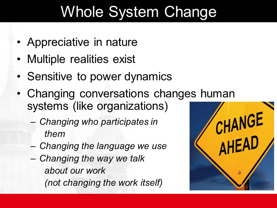 Whole System Change Appreciative in nature Multiple realities exist Sensitive to power dynamics Changing conversations changes human systems (like organizations) –Changing who participates in them –Changing the language we use –Changing the way we talk about our work (not changing the work itself)