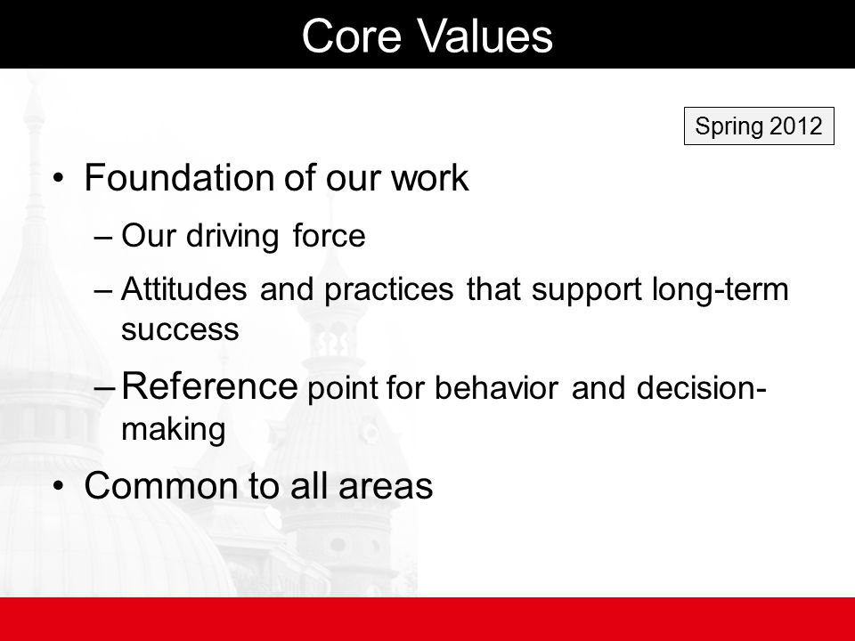 Core Values Foundation of our work –Our driving force –Attitudes and practices that support long-term success –Reference point for behavior and decision- making Common to all areas Spring 2012