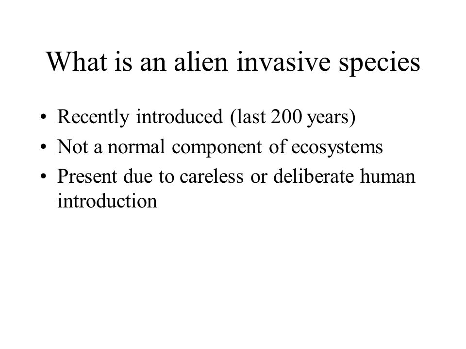 What is an alien invasive species Recently introduced (last 200 years) Not a normal component of ecosystems Present due to careless or deliberate human introduction