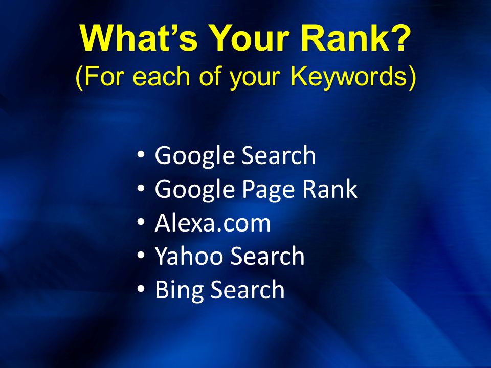 What’s Your Rank. For each of your Keywords) What’s Your Rank.