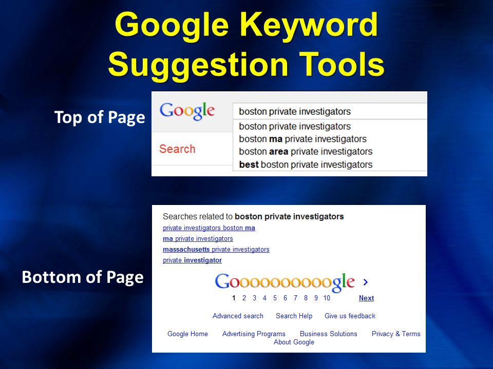 Google Keyword Suggestion Tools Top of Page Bottom of Page