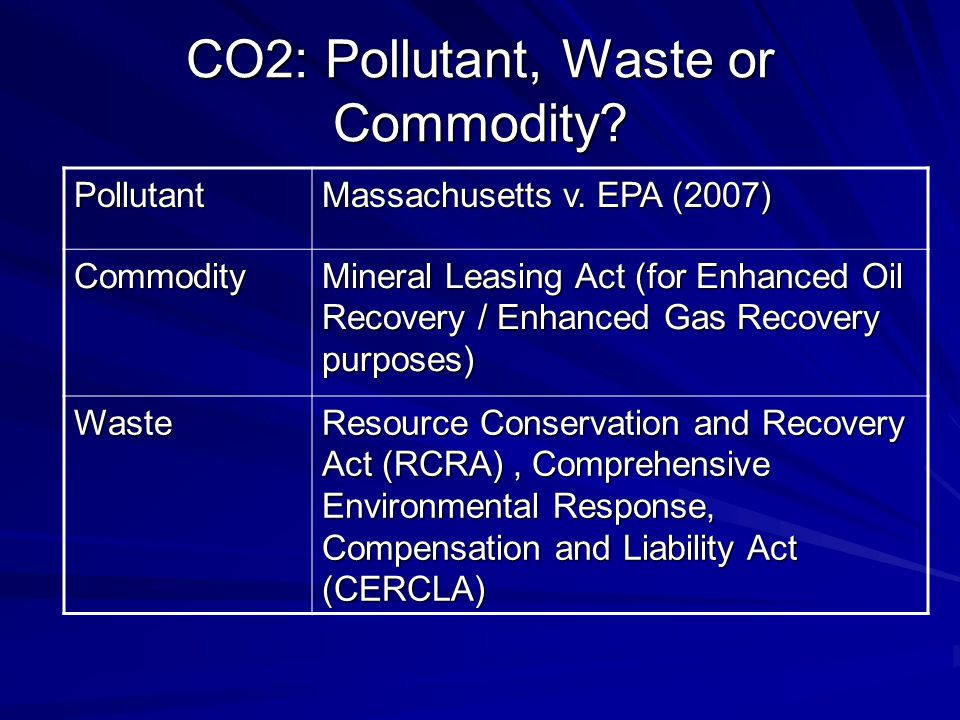 CO2: Pollutant, Waste or Commodity. Pollutant Massachusetts v.