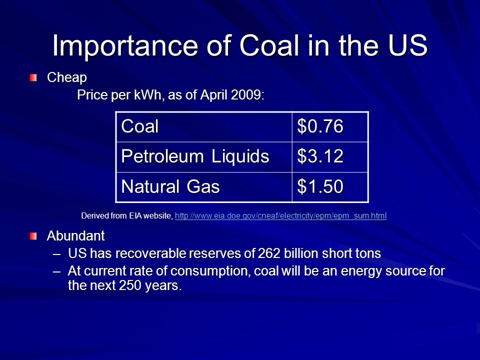 Importance of Coal in the US Cheap Price per kWh, as of April 2009: Abundant –US has recoverable reserves of 262 billion short tons –At current rate of consumption, coal will be an energy source for the next 250 years.