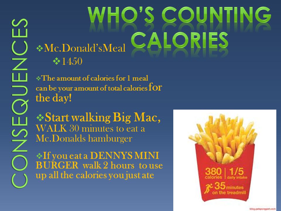  Mc.Donald’sMeal  1450  The amount of calories for 1 meal can be your amount of total calories for the day.