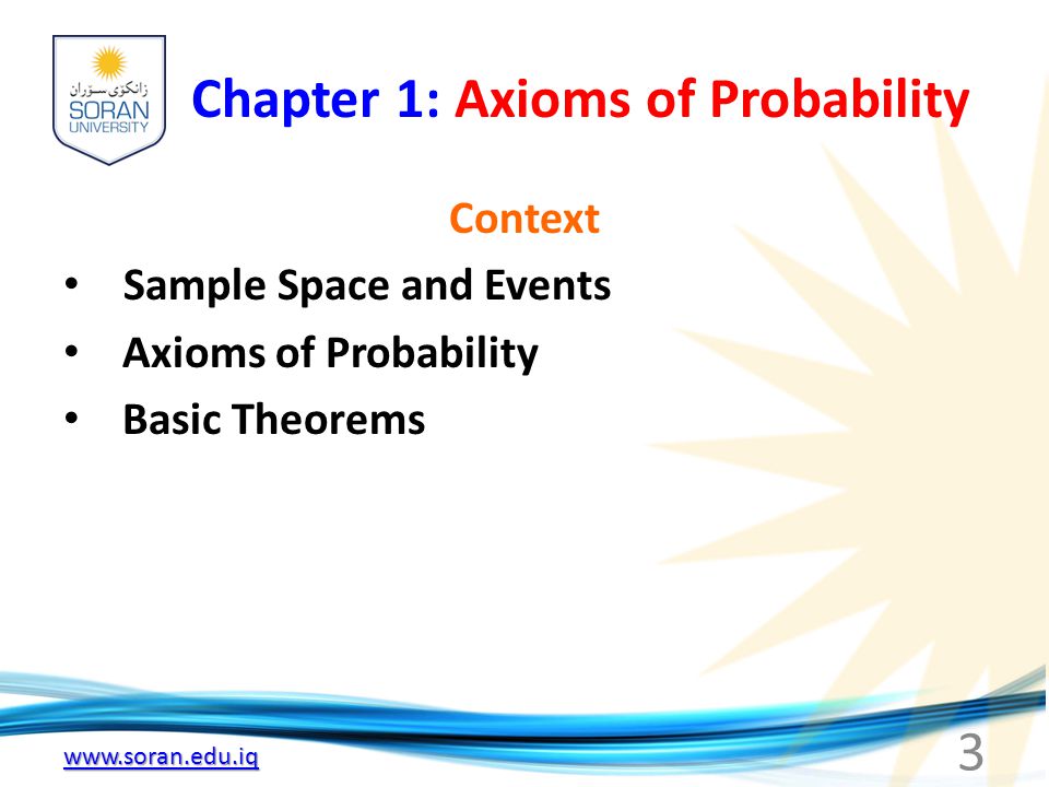 Chapter 1: Axioms of Probability Context Sample Space and Events Axioms of Probability Basic Theorems 3