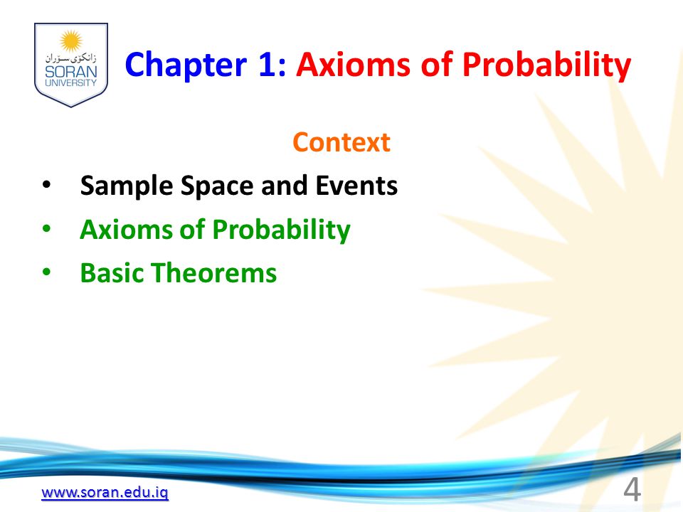 Chapter 1: Axioms of Probability Context Sample Space and Events Axioms of Probability Basic Theorems 4