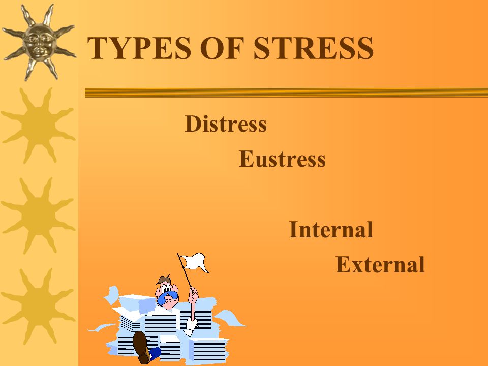TYPES OF STRESS Distress Eustress Internal External