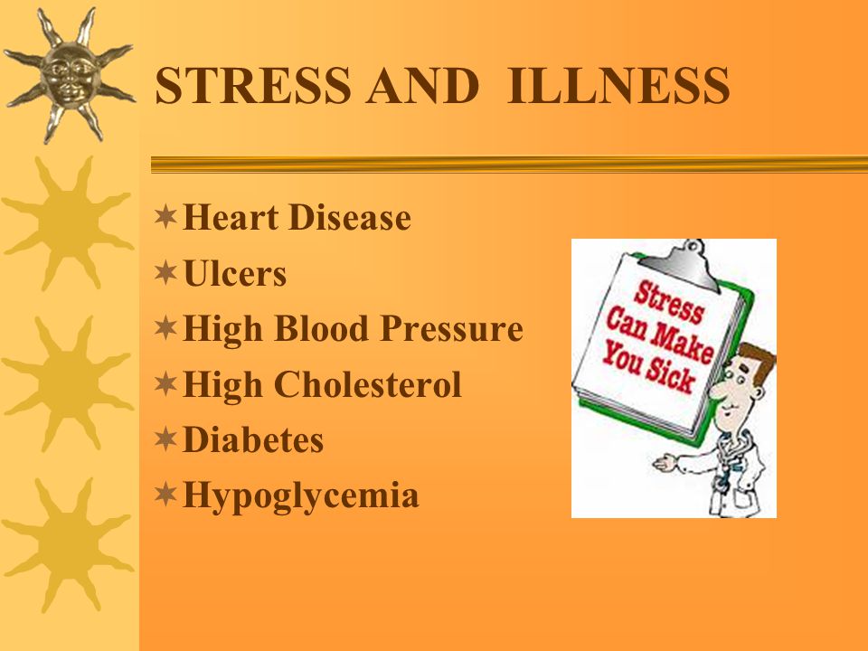 STRESS AND ILLNESS  Heart Disease  Ulcers  High Blood Pressure  High Cholesterol  Diabetes  Hypoglycemia