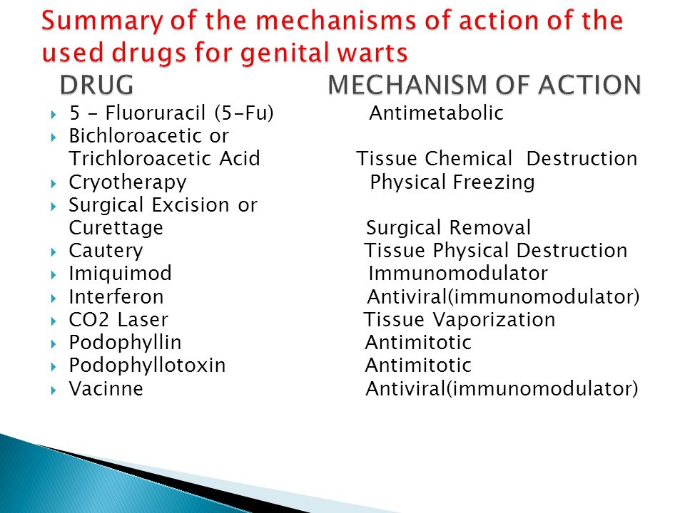  5 - Fluoruracil (5-Fu) Antimetabolic  Bichloroacetic or Trichloroacetic Acid Tissue Chemical Destruction  Cryotherapy Physical Freezing  Surgical Excision or Curettage Surgical Removal  Cautery Tissue Physical Destruction  Imiquimod Immunomodulator  Interferon Antiviral(immunomodulator)  CO2 Laser Tissue Vaporization  Podophyllin Antimitotic  Podophyllotoxin Antimitotic  Vacinne Antiviral(immunomodulator)