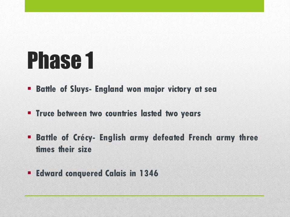 Phase 1  Battle of Sluys- England won major victory at sea  Truce between two countries lasted two years  Battle of Crécy- English army defeated French army three times their size  Edward conquered Calais in 1346