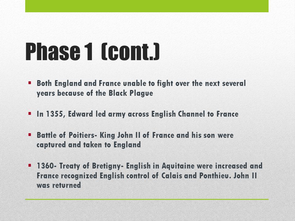 Phase 1 (cont.)  Both England and France unable to fight over the next several years because of the Black Plague  In 1355, Edward led army across English Channel to France  Battle of Poitiers- King John II of France and his son were captured and taken to England  Treaty of Bretigny- English in Aquitaine were increased and France recognized English control of Calais and Ponthieu.