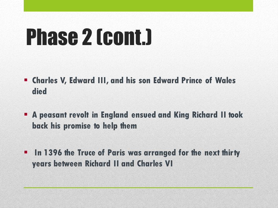 Phase 2 (cont.)  Charles V, Edward III, and his son Edward Prince of Wales died  A peasant revolt in England ensued and King Richard II took back his promise to help them  In 1396 the Truce of Paris was arranged for the next thirty years between Richard II and Charles VI