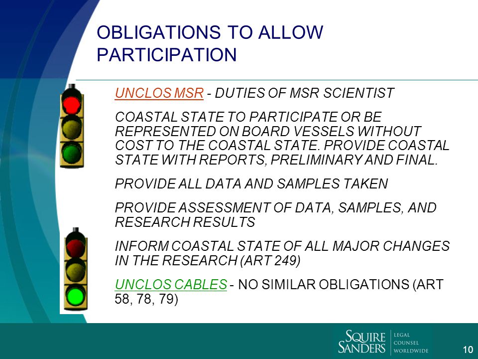 9 DUTIES TO PROVIDE INFORMATION UNCLOS MSR - DUTY TO PROVIDE INFORMATION TO THE COASTAL STATE NATURE AND OBJECTIVES OF THE PROJECT METHODS TO BE USED INCLUDING THE NAME, TONNAGE, TYPE AND CLASS OF VESSELS AND DESCRIPTION OF SCIENTIFIC EQUIPMENT EXPECTED DATE OF VESSEL APPEARANCE AND DEPARTURE NAME OF SPONSORING INFORMATION, ITS DIRECTOR, AND PERSON IN CHARGE OF THE PROJECT EXTENT THAT COASTAL STATE CAN PARTICIPATE OR BE REPRESENTED IN THE PROJECT (ART 248) UNCLOS CABLES - NO SIMILAR REQUIREMENTS (ART 58, 78, 79)
