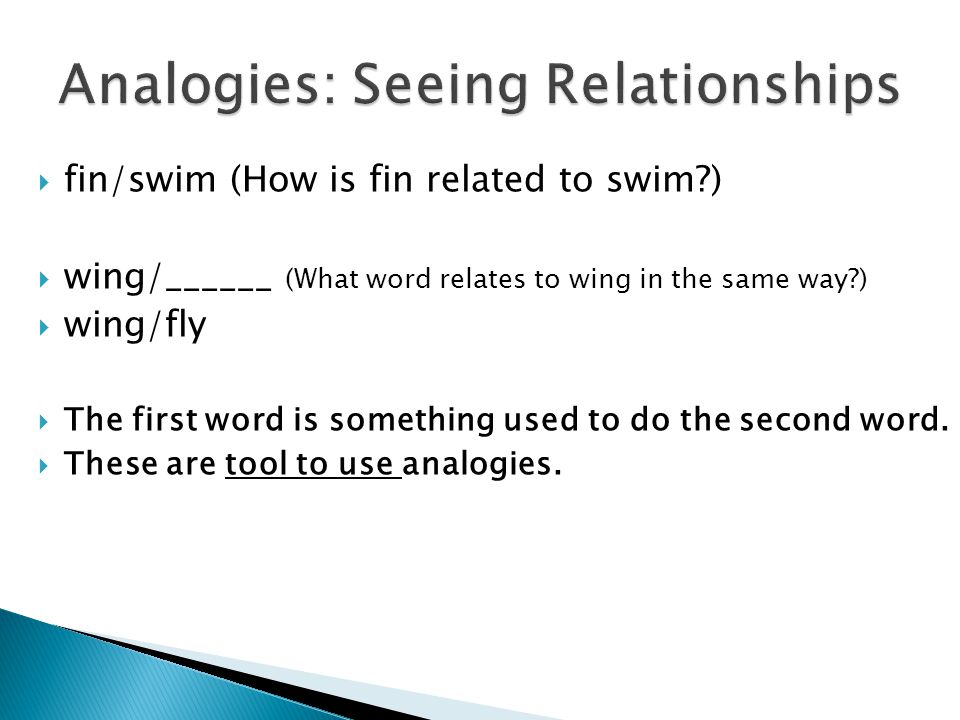  fin/swim (How is fin related to swim )  wing/______ (What word relates to wing in the same way )  wing/fly  The first word is something used to do the second word.