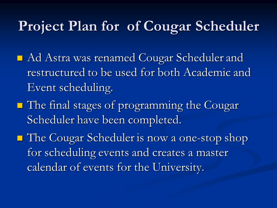 Cougar Scheduler and Logistic Services One-Stop Shop For Services, Equipment & Staff Cougar Kickoff Bike Ride Welcome Back Picnic ppt download - 웹