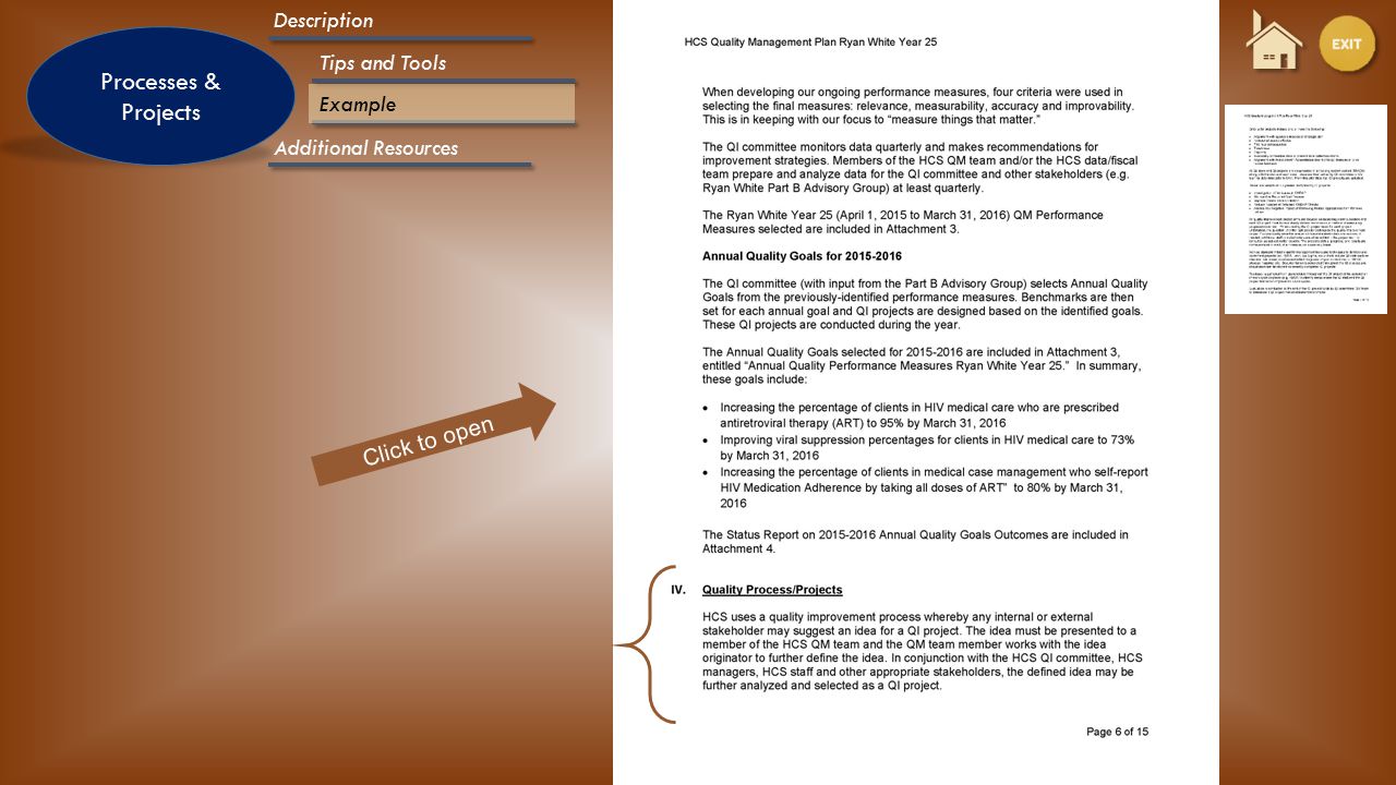 Processes & Projects-Example Processes & Projects Description Additional Resources Tips and Tools Example Click to open
