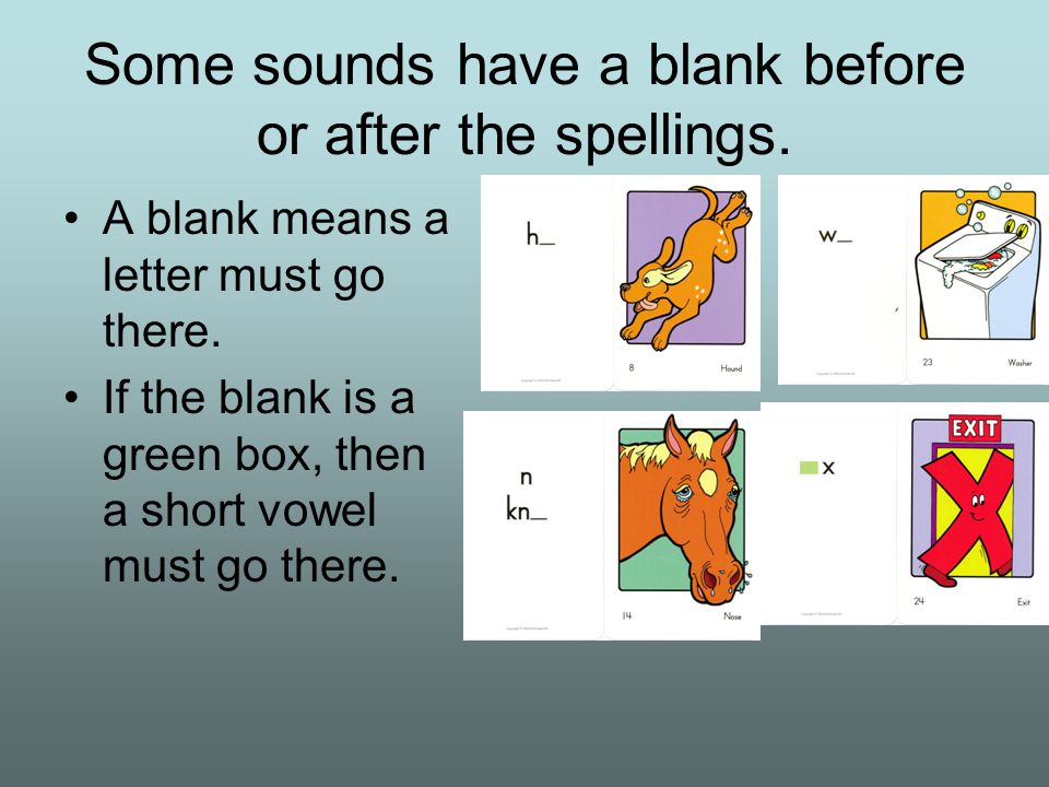 Some sounds have a blank before or after the spellings.