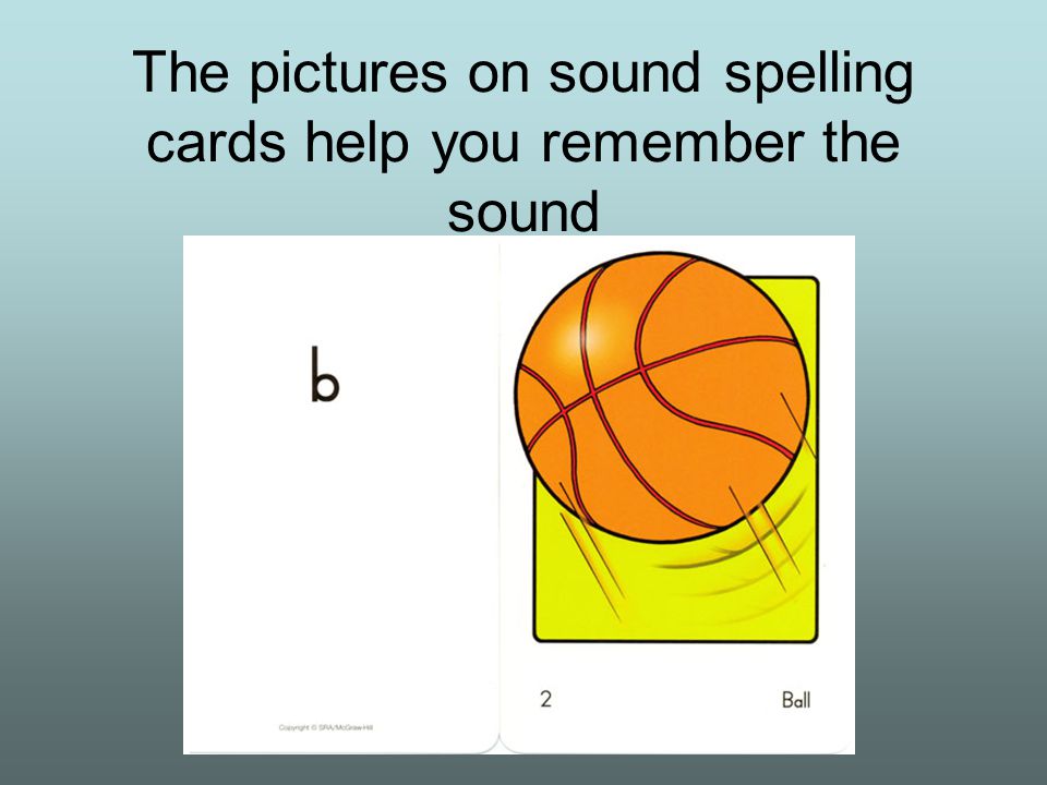 The pictures on sound spelling cards help you remember the sound