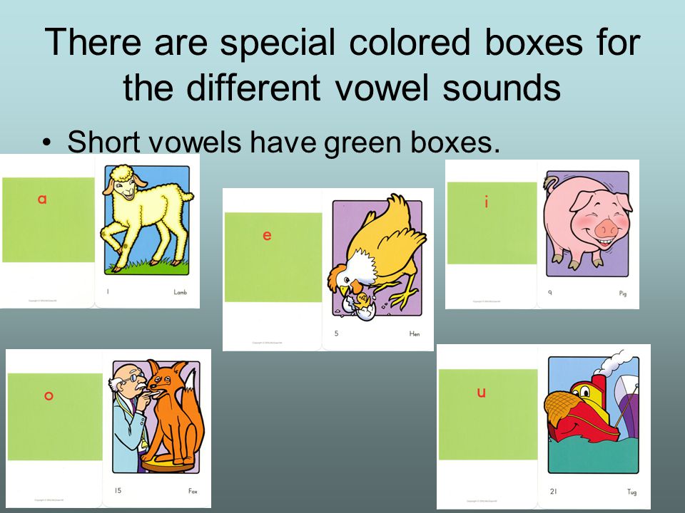 There are special colored boxes for the different vowel sounds Short vowels have green boxes.