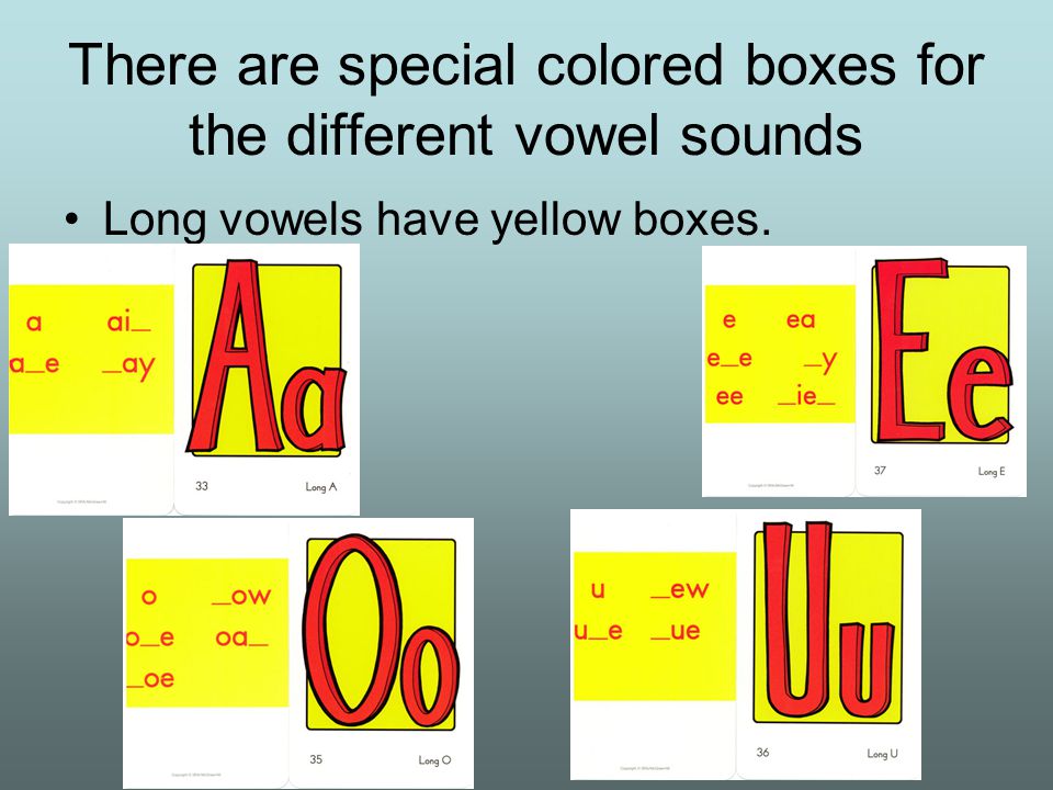 There are special colored boxes for the different vowel sounds Long vowels have yellow boxes.