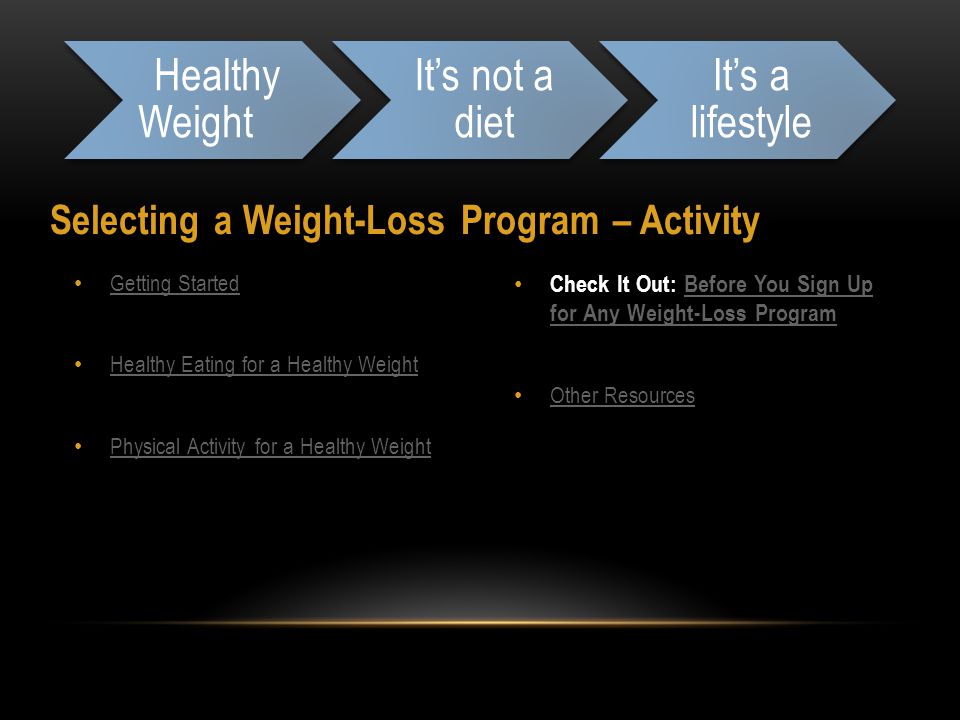 Check It Out: Before You Sign Up for Any Weight-Loss ProgramBefore You Sign Up for Any Weight-Loss Program Other Resources Getting Started Healthy Eating for a Healthy Weight Physical Activity for a Healthy Weight Selecting a Weight-Loss Program – Activity Healthy Weight It’s not a diet It’s a lifestyle