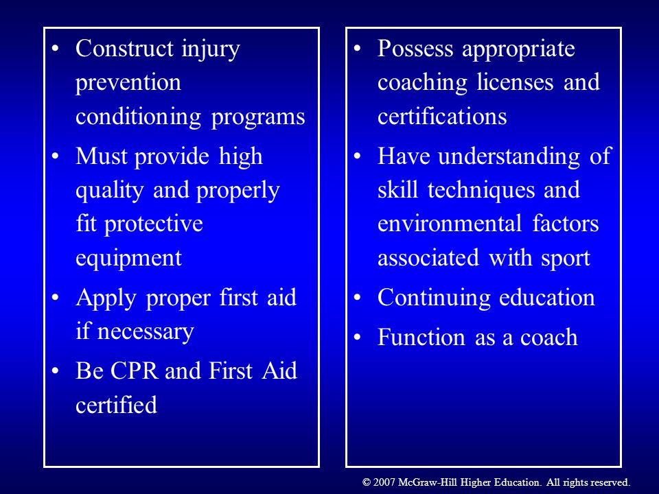 Construct injury prevention conditioning programs Must provide high quality and properly fit protective equipment Apply proper first aid if necessary Be CPR and First Aid certified Possess appropriate coaching licenses and certifications Have understanding of skill techniques and environmental factors associated with sport Continuing education Function as a coach