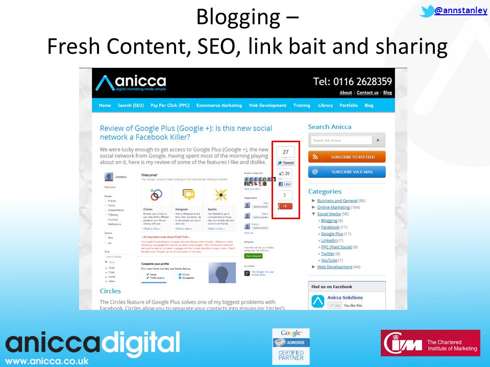@annstanley Blogging – Fresh Content, SEO, link bait and sharing