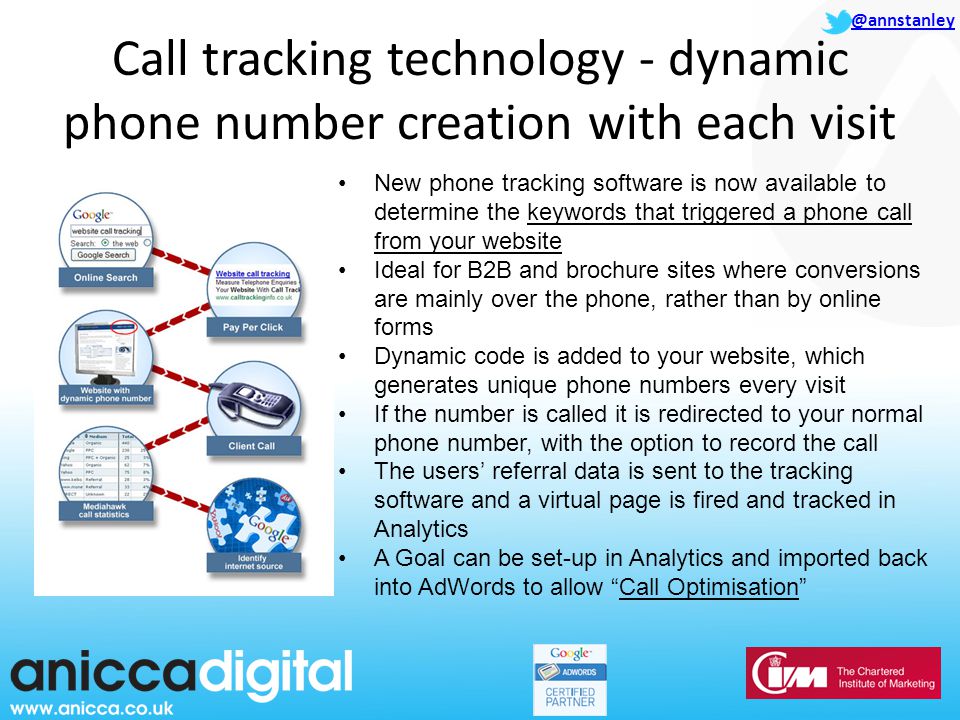 @annstanley Call tracking technology - dynamic phone number creation with each visit New phone tracking software is now available to determine the keywords that triggered a phone call from your website Ideal for B2B and brochure sites where conversions are mainly over the phone, rather than by online forms Dynamic code is added to your website, which generates unique phone numbers every visit If the number is called it is redirected to your normal phone number, with the option to record the call The users’ referral data is sent to the tracking software and a virtual page is fired and tracked in Analytics A Goal can be set-up in Analytics and imported back into AdWords to allow Call Optimisation