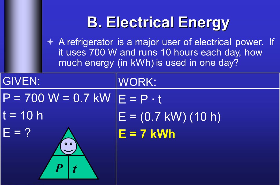 B. Electrical Energy  A refrigerator is a major user of electrical power.