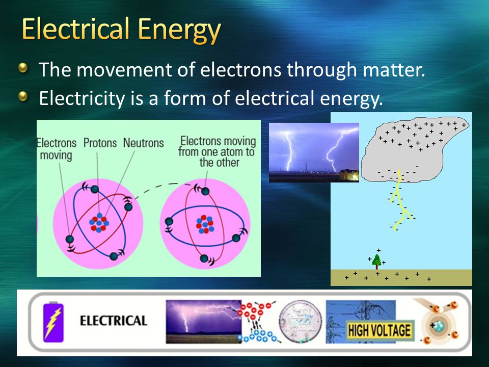 The movement of electrons through matter. Electricity is a form of electrical energy.