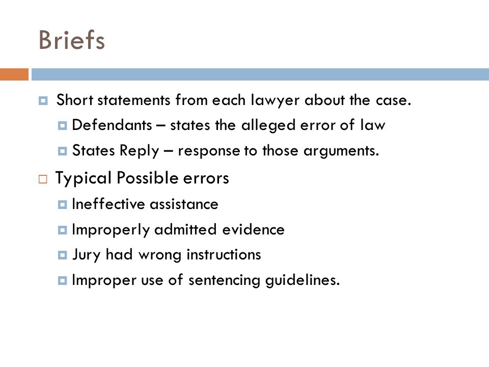 Briefs  Short statements from each lawyer about the case.