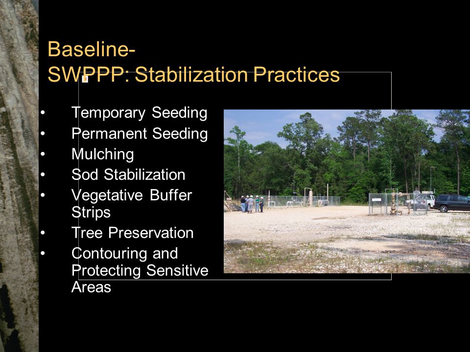 Baseline- SWPPP: Stabilization Practices Temporary Seeding Permanent Seeding Mulching Sod Stabilization Vegetative Buffer Strips Tree Preservation Contouring and Protecting Sensitive Areas