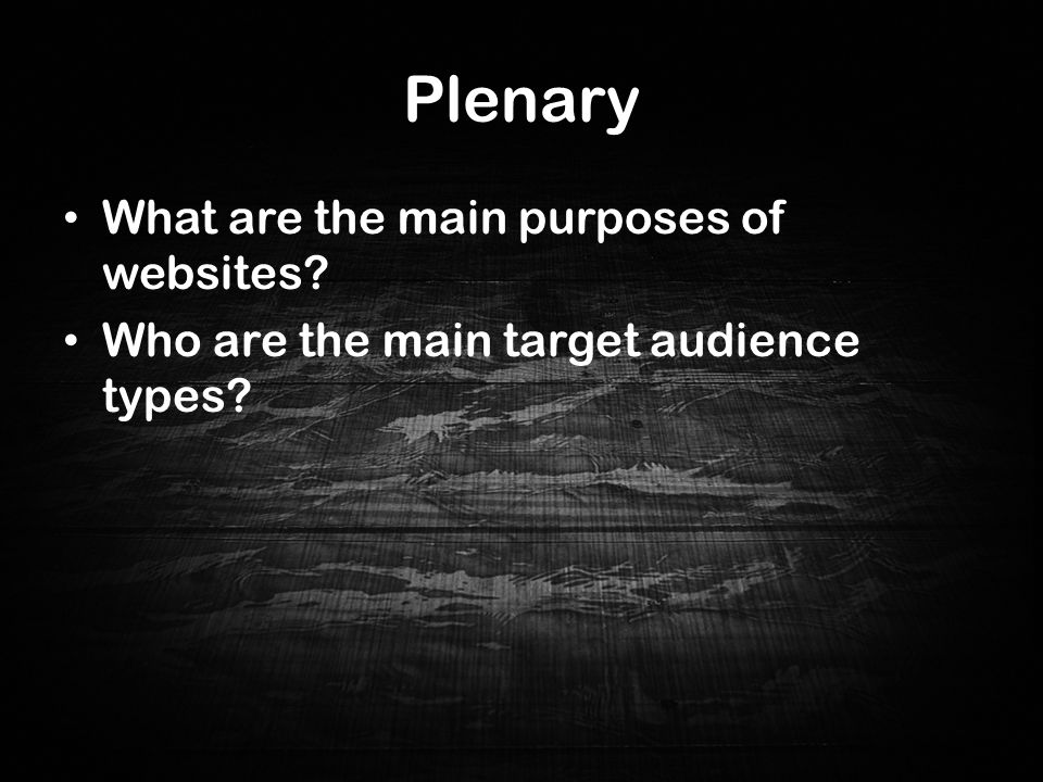 Plenary What are the main purposes of websites Who are the main target audience types