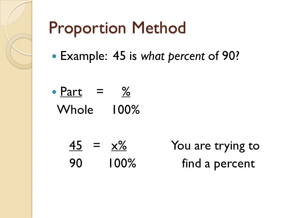 Proportion Method Example: 45 is what percent of 90.