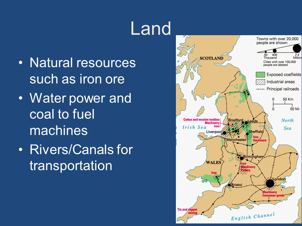 Land Natural resources such as iron ore Water power and coal to fuel machines Rivers/Canals for transportation