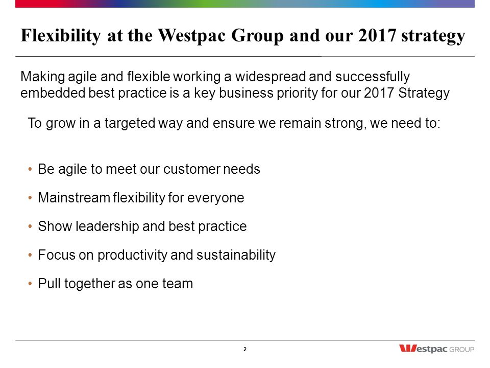 Flexibility at the Westpac Group and our 2017 strategy To grow in a targeted way and ensure we remain strong, we need to: Be agile to meet our customer needs Mainstream flexibility for everyone Show leadership and best practice Focus on productivity and sustainability Pull together as one team 2 Making agile and flexible working a widespread and successfully embedded best practice is a key business priority for our 2017 Strategy