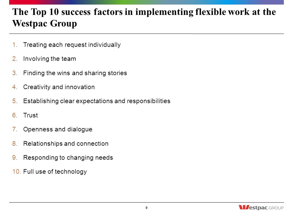 The Top 10 success factors in implementing flexible work at the Westpac Group 1.Treating each request individually 2.Involving the team 3.Finding the wins and sharing stories 4.Creativity and innovation 5.Establishing clear expectations and responsibilities 6.Trust 7.Openness and dialogue.