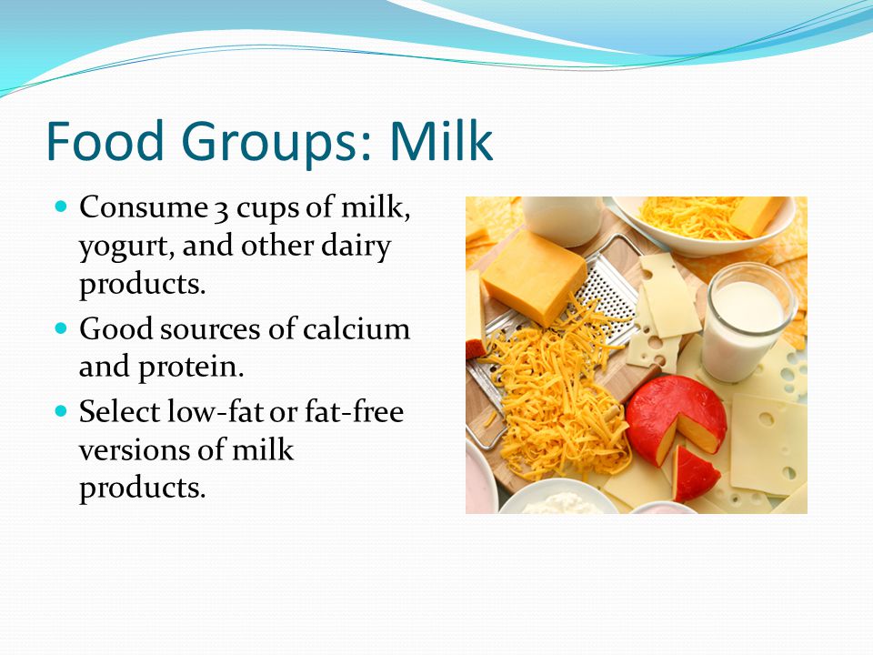 Food Groups: Milk Consume 3 cups of milk, yogurt, and other dairy products.
