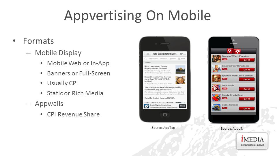 Formats – Mobile Display Mobile Web or In-App Banners or Full-Screen Usually CPI Static or Rich Media – Appwalls CPI Revenue Share Appvertising On Mobile Source: AppTap Source: AppLift
