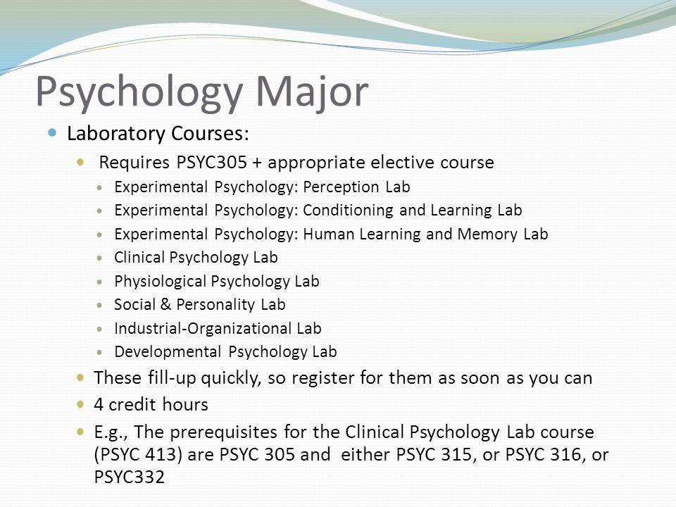 Psychology Major Laboratory Courses: Requires PSYC305 + appropriate elective course Experimental Psychology: Perception Lab Experimental Psychology: Conditioning and Learning Lab Experimental Psychology: Human Learning and Memory Lab Clinical Psychology Lab Physiological Psychology Lab Social & Personality Lab Industrial-Organizational Lab Developmental Psychology Lab These fill-up quickly, so register for them as soon as you can 4 credit hours E.g., The prerequisites for the Clinical Psychology Lab course (PSYC 413) are PSYC 305 and either PSYC 315, or PSYC 316, or PSYC332