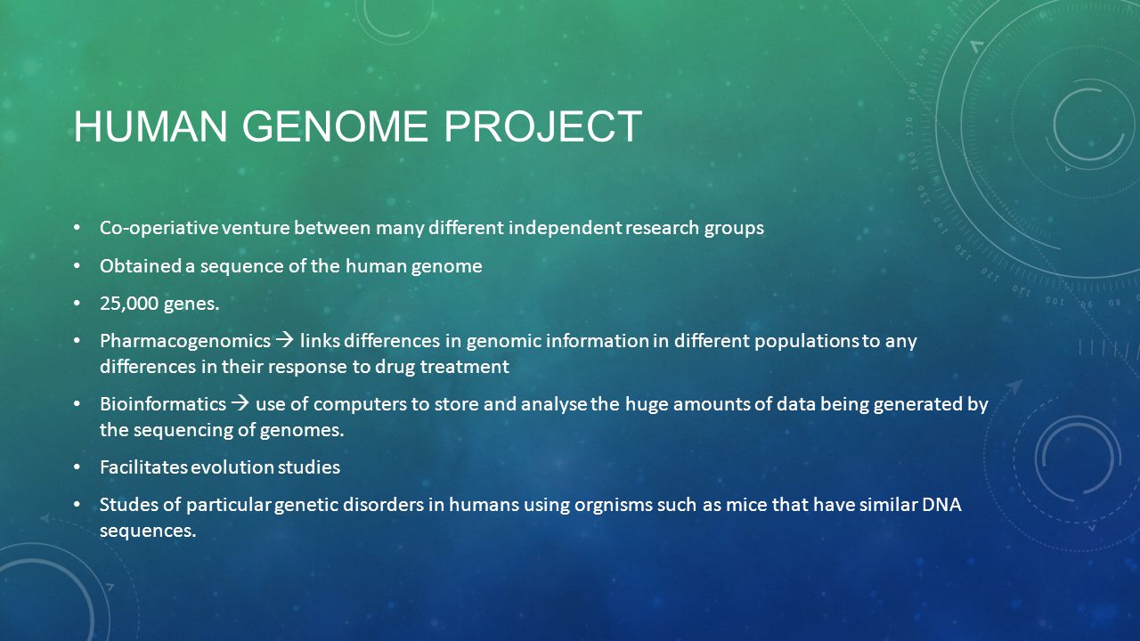 HUMAN GENOME PROJECT Co-operiative venture between many different independent research groups Obtained a sequence of the human genome 25,000 genes.