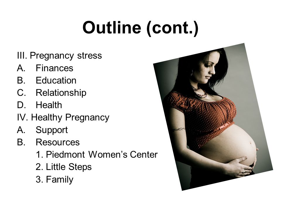 Outline (cont.) III. Pregnancy stress A.Finances B.Education C.Relationship D.Health IV.