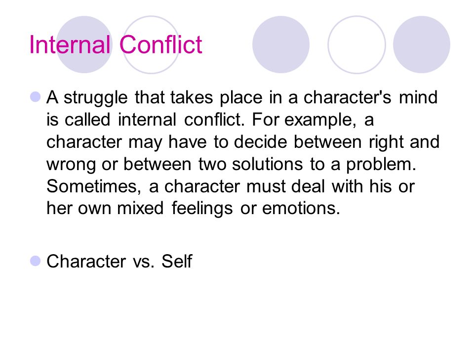Internal Conflict A struggle that takes place in a character s mind is called internal conflict.
